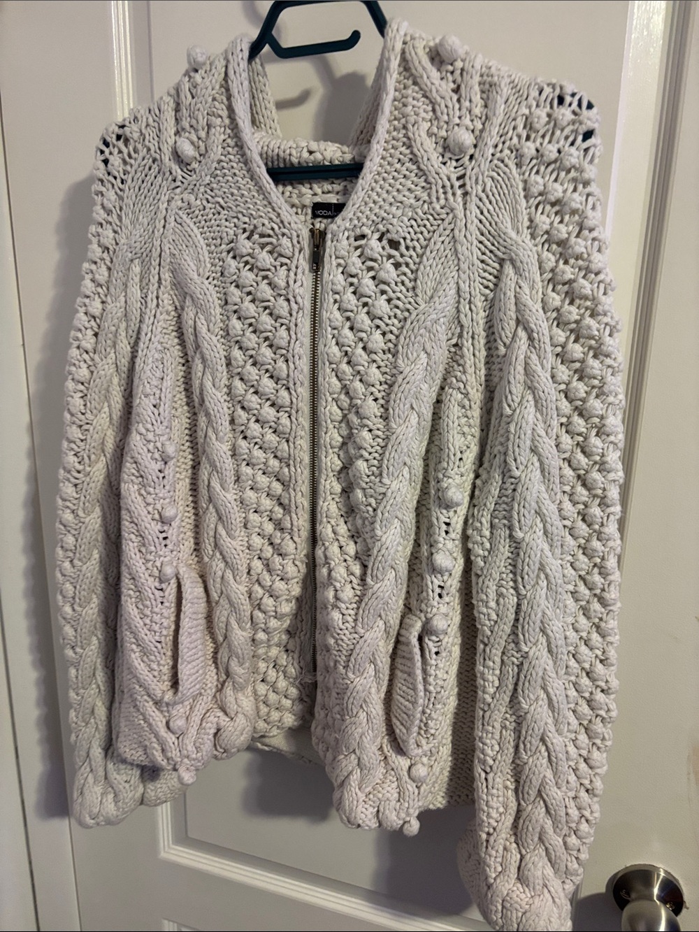 Moda International Cream Cable Knit Bobble Zip Hooded Cardigan